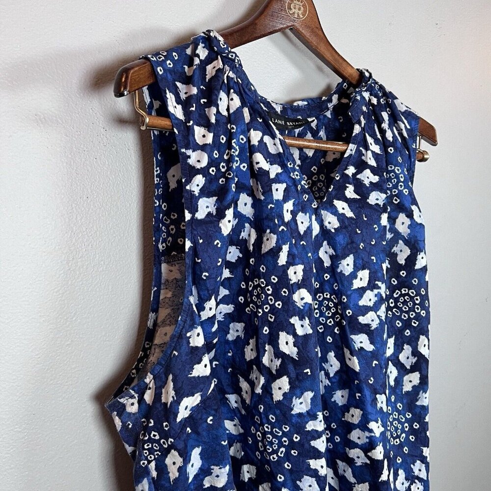Lane Bryant Women’s Size 22/24 Ruffle Neck Woven & Knit Top Blue Shibori Diamond - Picture 4 of 10